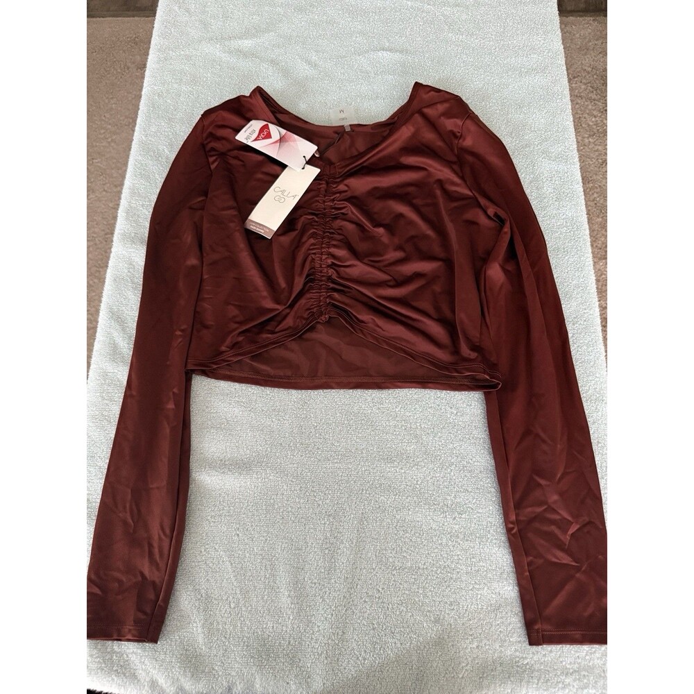 Calia Carrie Underwood Women’s Ruched Rash Guard Crop Top Red Brown Shine M NWT